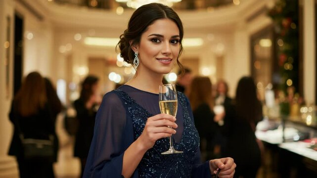 A woman in a stunning gown enjoys a drink at a glamorous gathering in an upscale venue
