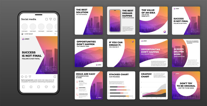 Social media post templates set with cityscape vector illustration on background. Instagram square posts layouts for personal blog.