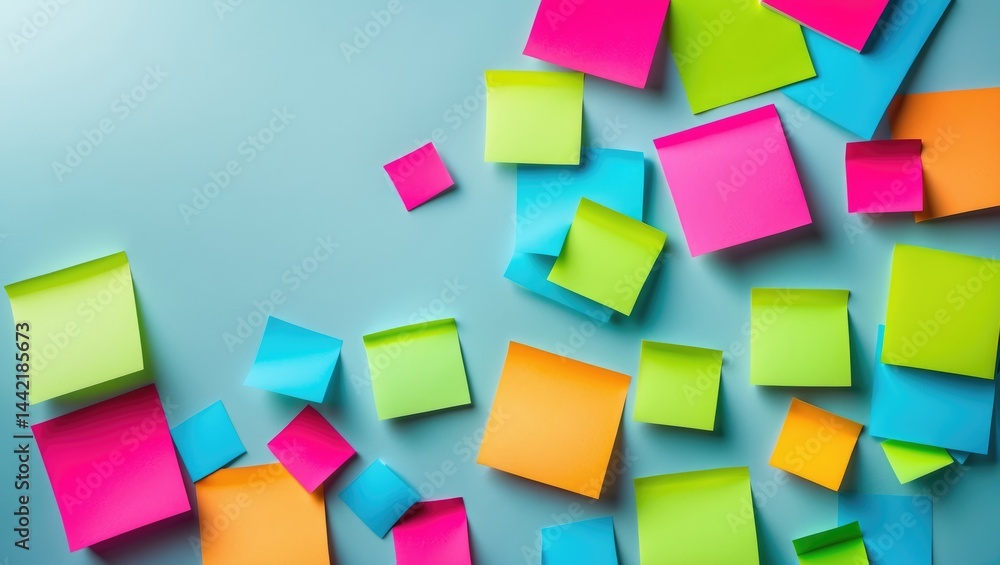 Poster flat lay of colorful blank sticky notes on background