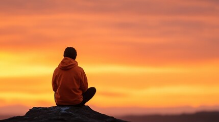 Person sits looking at orange sunset