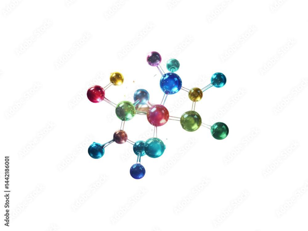 Poster a colorful molecule structure with various spheres connected by rods on a black background image vie
