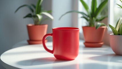 Mockup for design featuring a red ceramic mug on a white table