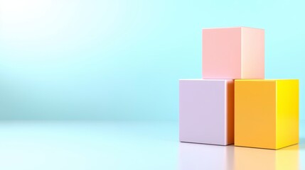 Obraz premium Stacked Cubes in Pink Lilac and Gold Reflective Surface Against Light Blue Gradient