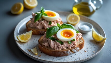 Tuna, boiled egg, and avocado open-faced sandwich for snack or lunch