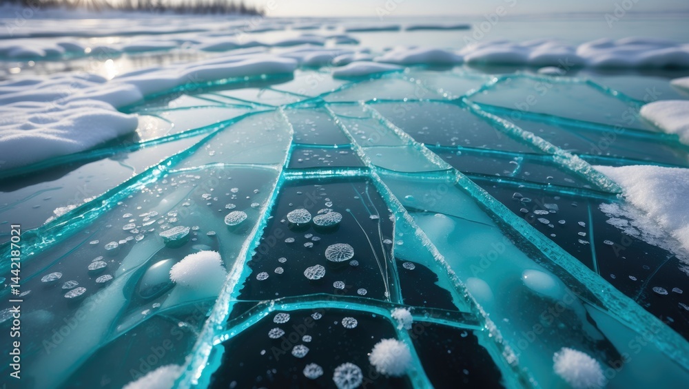Aufkleber lucid turquoise ice covering a frozen lake. close-up perspective. full-screen image. deep cracks int