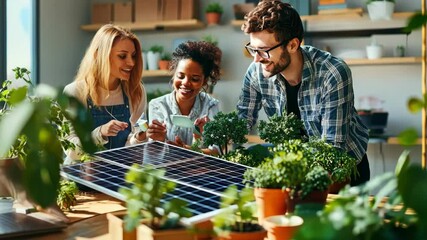 Team working with solar panel and plants, promoting sustainability. Green energy.