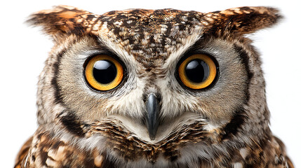 Naklejka premium Close-up portrait of an owl with striking yellow eyes against a plain background