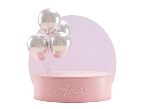 Pink podium with amor text and silver balloons against a pastel backdrop for product presentation