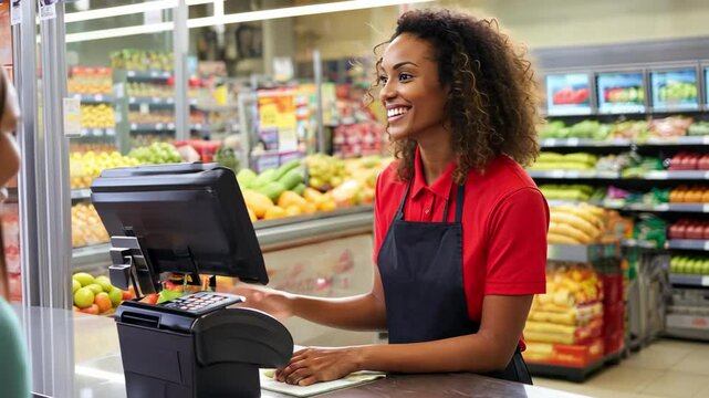 Happy cashier serves a customer in the well-lit supermarket at checkout.