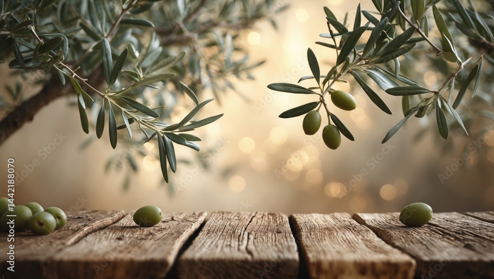 Poster olive tree adorned with olives and a bokeh backdrop.