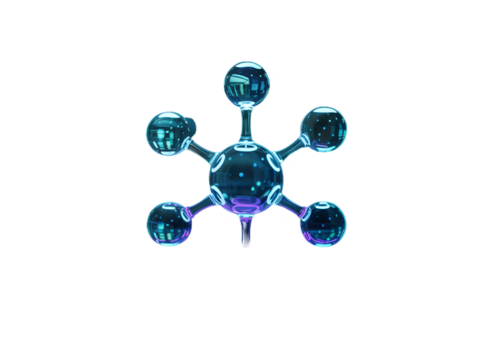 A glowing blue and purple molecule structure floating in a black void space with a futuristic design