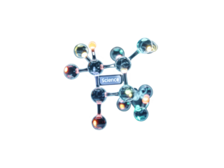 A glowing molecule structure with blue and purple hues isolated against a black background space