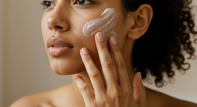 African American woman applying white face cream with fingers on cheek. Skincare routine essential for beauty treatments and cosmetic product advertising - Powered by Adobe