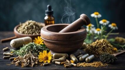 Herbal medicine for anxiety and sleep disturbances employing mortar and pestle and essential oil bottles.