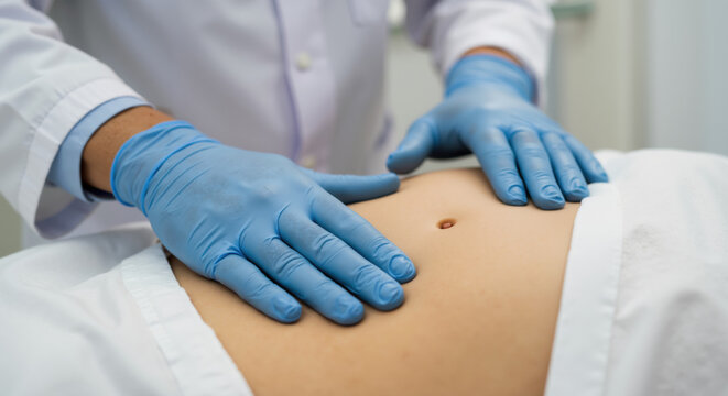 Doctor hands with blue gloves palpating patient abdomen during medical examination. Clinical procedure essential for diagnostic services and healthcare education materials