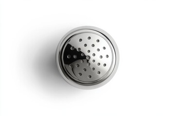 Shiny chrome pepper grinder top view small holes for even spice distribution sleek kitchen utensil