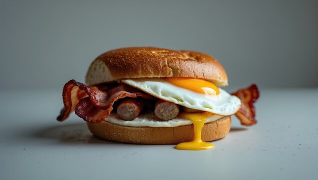 Bacon, sausages, and fried egg in a breakfast roll