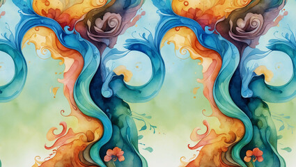 Vibrant abstract painting filled with flowing shapes, bright colors, and organic forms