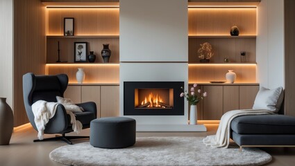 Comfortable living space interior with inviting furniture and a stylish fireplace