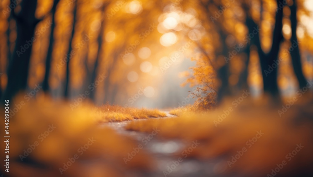 Poster defocused autumn forest background featuring orange bokeh