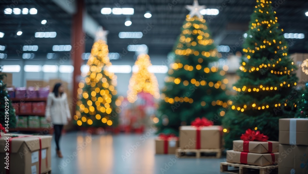 Poster tall and large christmas tree decorations captured in motion blur at a wholesale shop. surrounding w