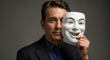 Middle aged man holding white comedy mask next to face in dark suit against gray background. Identity concept for theater performance advertising and psychological duality visualization