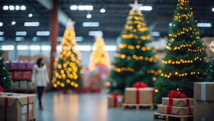 Tall and large Christmas tree decorations captured in motion blur at a wholesale shop. Surrounding wreaths and bokeh strings enhance the artificial trees. Holiday supplies and home decor items on