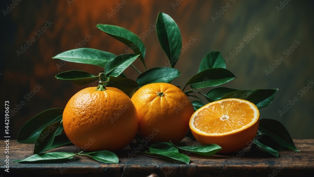Poster Table with an orange citrus fruit displayed. Background.