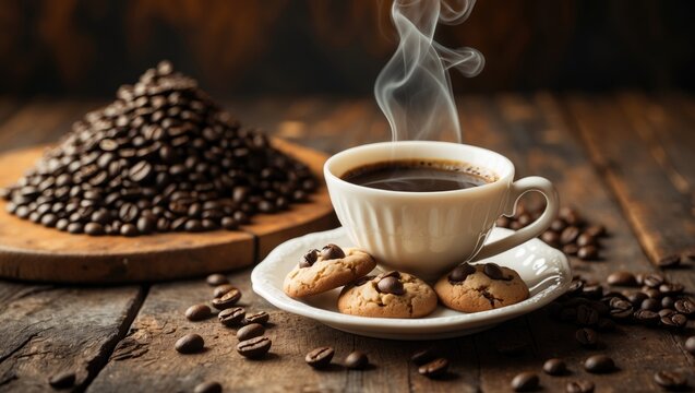 Americano served in a cup with cookies and coffee beans