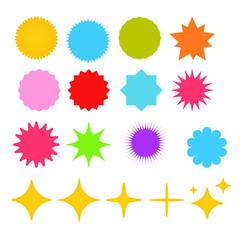 Set of sunbrust stars and sparkles, colorful basic shapes vector icon.