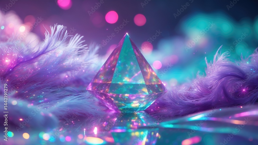 Poster neon pink and blue lights shining brightly. crystal prism reflecting light in striking colors. abstr