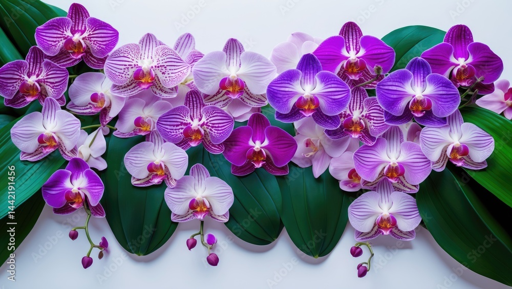 Poster orchid leaves and flowers creatively arranged and isolated on a background. collection of tropical f