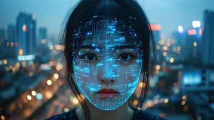 Digital Identity: A Woman's Face Projected with Futuristic Circuitry in a Night City