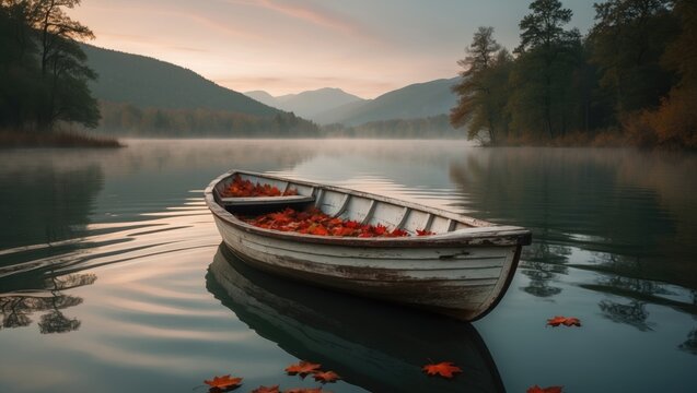 Lake scene featuring a paddle boat and autumn foliage