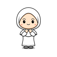 Cute Muslim Girl Greeting Character Icon Illustration. Flat Cartoon Style Suitable for Web Landing Page, Banner, Sticker, Card