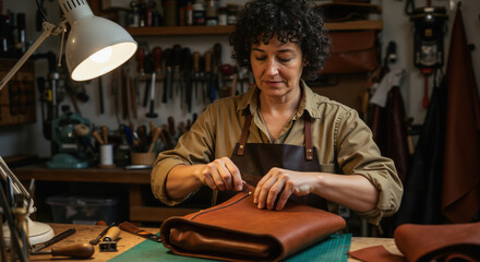 Woman artisan crafting leather bag in workshop studio. Female craftsperson in apron working with hands on handmade product. For small business and artisanal craftsmanship promotion