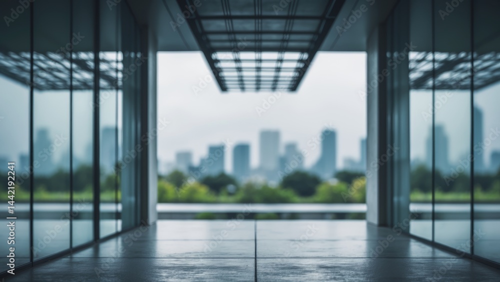 Poster out-of-focus background showing modern architecture with glass facades reflecting overcast sky for d