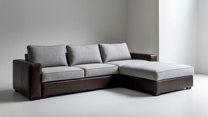Sofa bed in corner design with storage, soft white fabric upholstery, and leatherette-covered armrests, isolated on a white surface.