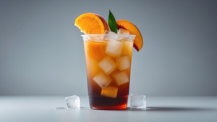 Orange and peach tea stored in a plastic bottle