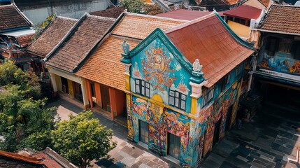Fototapeta premium Vibrant cultural heritage building colorful village aerial view urban environment art and history concept