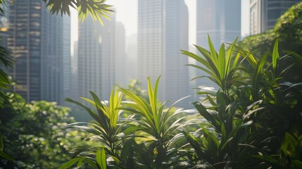 Sunlit Cityscape Viewed Through Lush Green Foliage