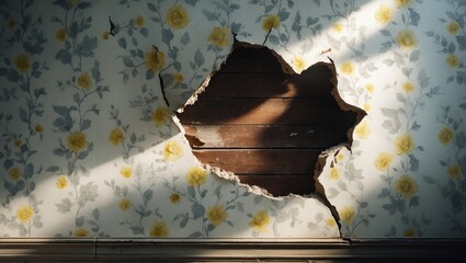 Worn floral wallpaper coming off, exposing the wood plank panels beneath.