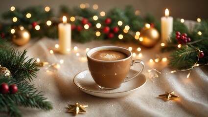 Garland and coffee cup for New Year and Christmas decorations.