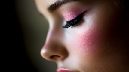 Closeup Profile of Woman with Pink Makeup and Eyeliner