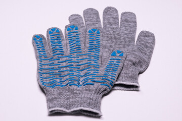 Industrial Protective Gloves with Blue Rubber Grip on White Background