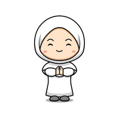 Cute Muslim Girl Greeting Character Icon Illustration. Flat Cartoon Style Suitable for Web Landing Page, Banner, Sticker, Card