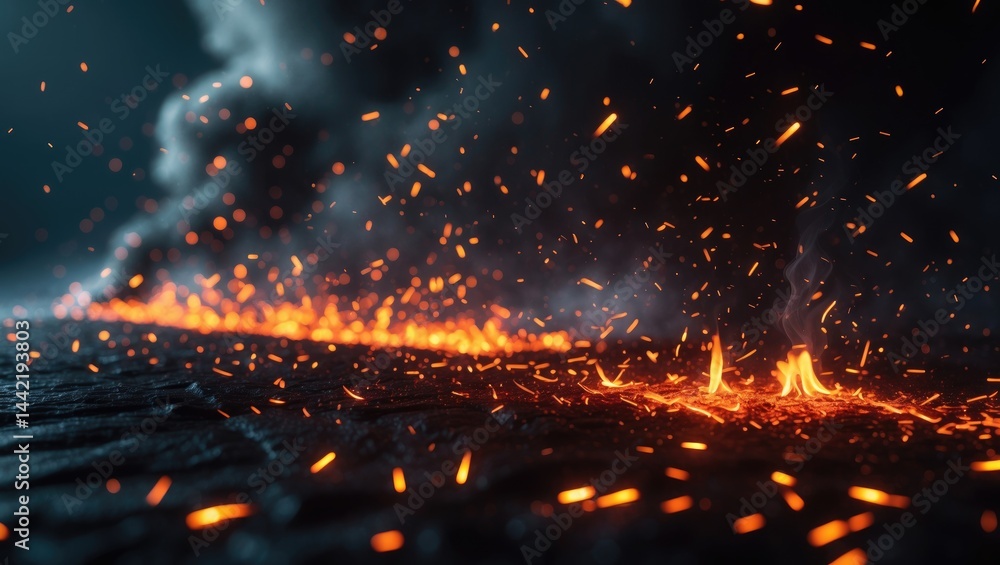 Poster large blaze emits burning red sparks into the dark night sky, featuring an abstract background theme