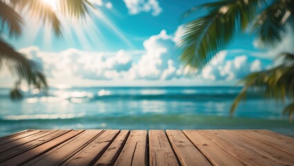 Abstract background featuring a blurred tropical beach with bokeh sunlight, waves, and palm trees on an old wooden table, ideal for product display in natural settings.
