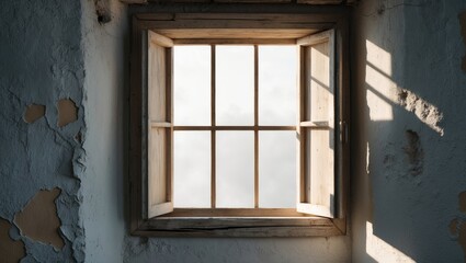Old wooden window frame alone in a white setting