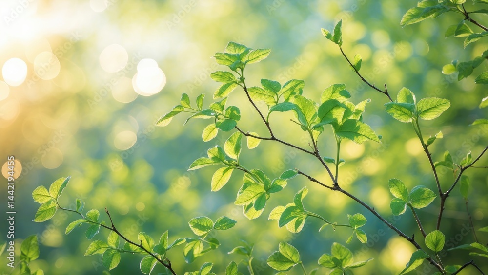 Poster young green foliage appears on a branch. soft sunny background with bokeh. bright natural theme. the